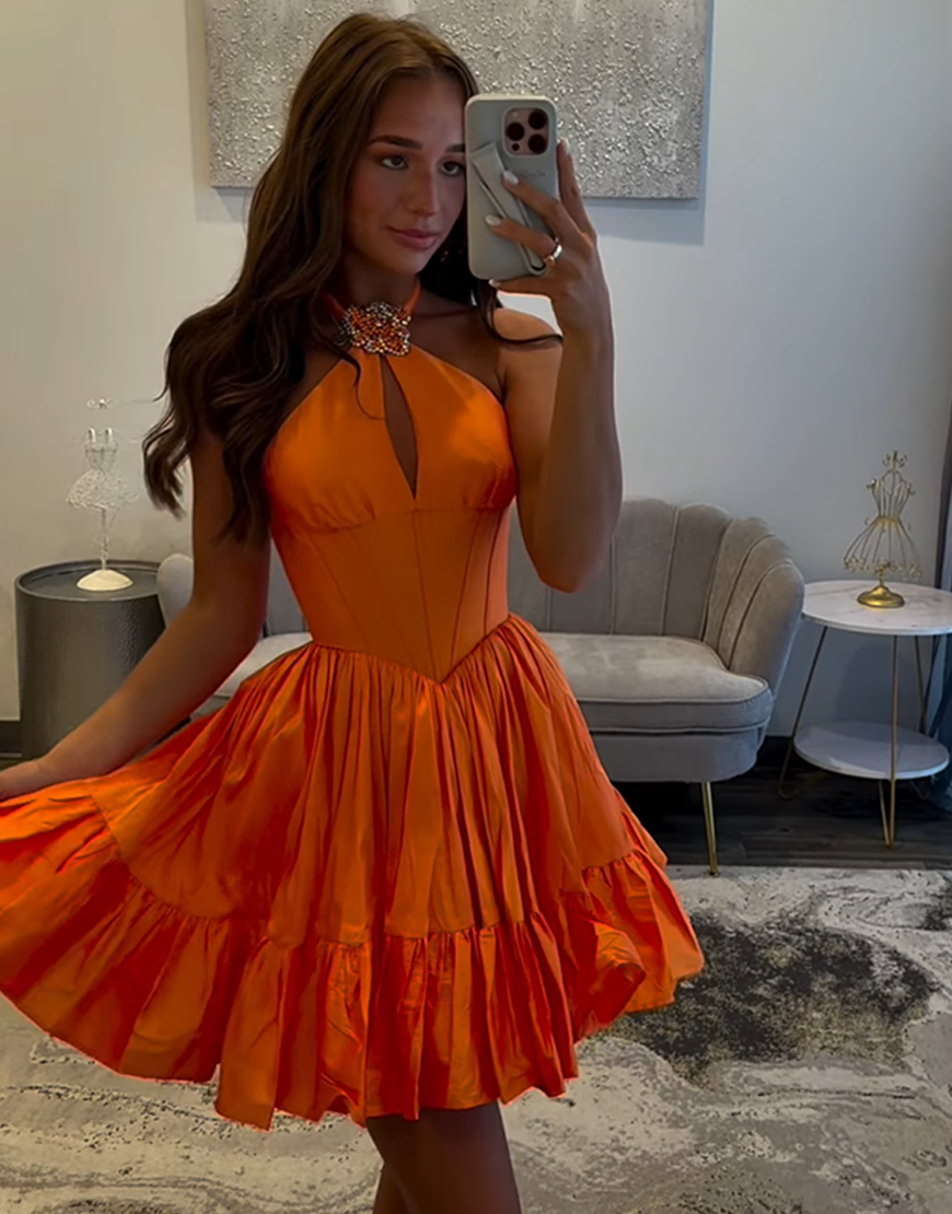 Sparkly Orange A Line Halter Short Corset Homecoming Dress with Ruffles