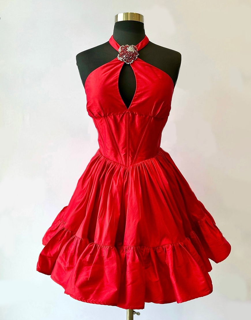 Sparkly Orange A Line Halter Short Corset Homecoming Dress with Ruffles