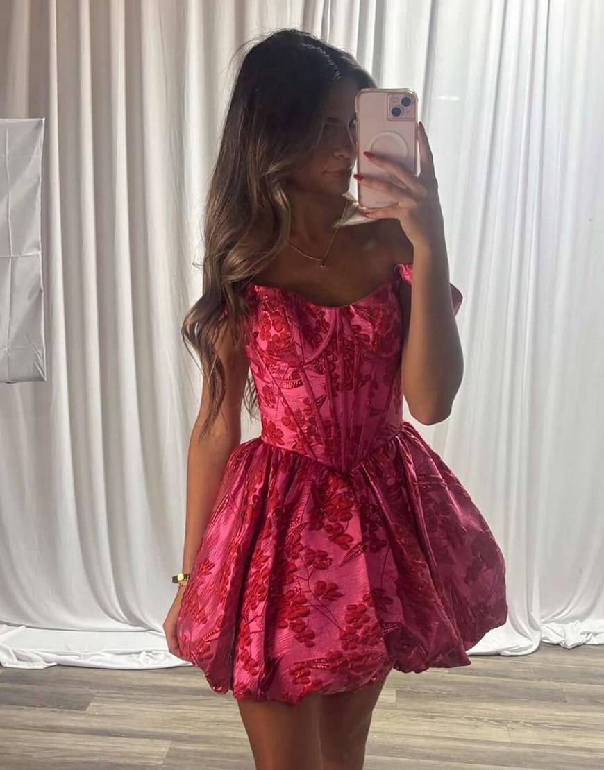 Fuchsia Floral A Line Off the Shoulder Short Corset Homecoming Dress
