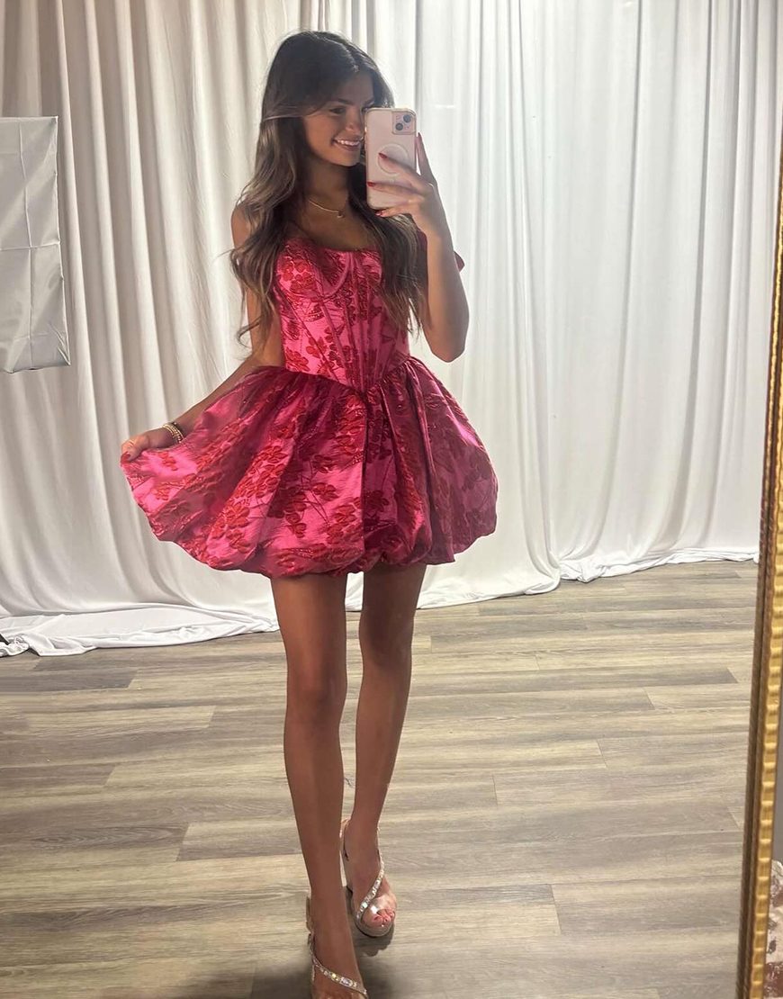 Fuchsia Floral A Line Off the Shoulder Short Corset Homecoming Dress