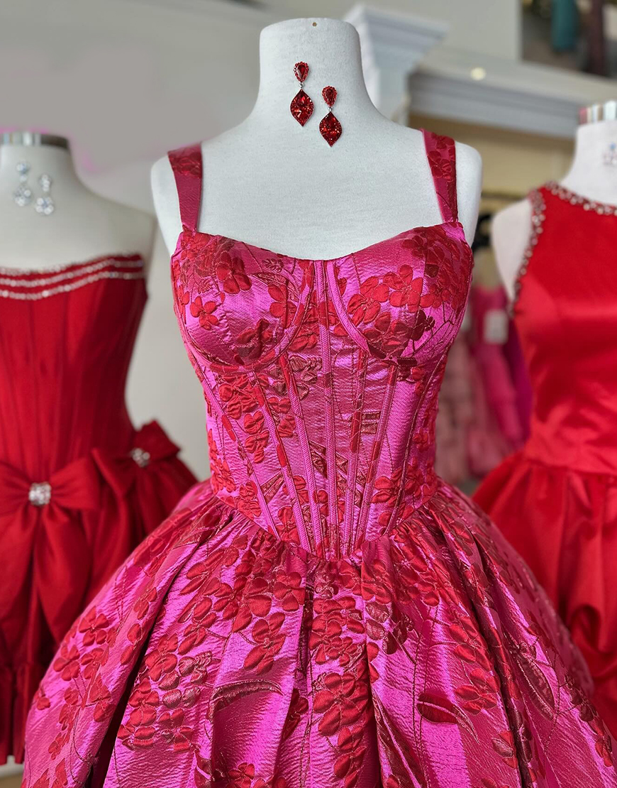 Fuchsia Floral A Line Ruched Short Corset Homecoming Dress