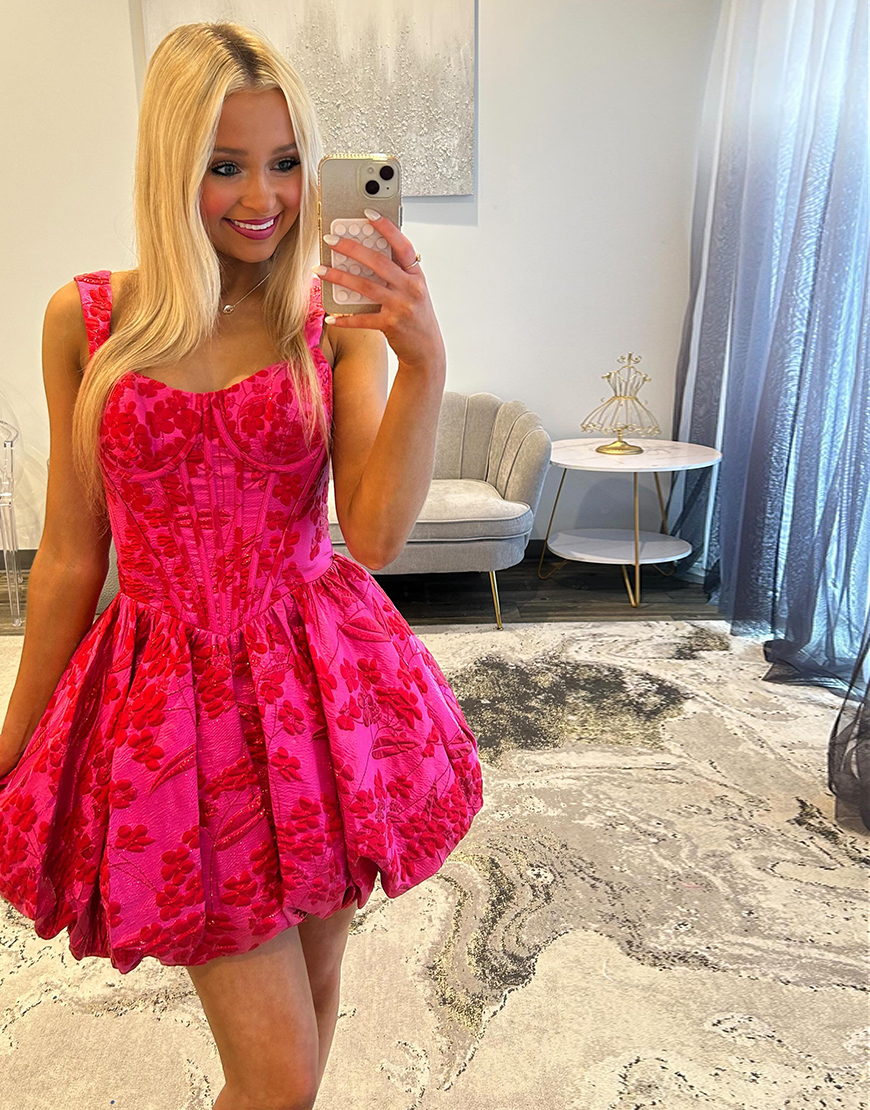 Fuchsia Floral A Line Ruched Short Corset Homecoming Dress