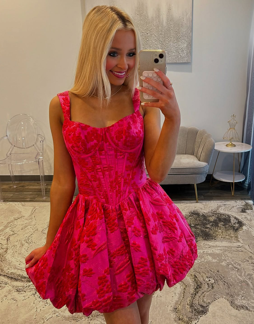 Fuchsia Floral A Line Ruched Short Corset Homecoming Dress
