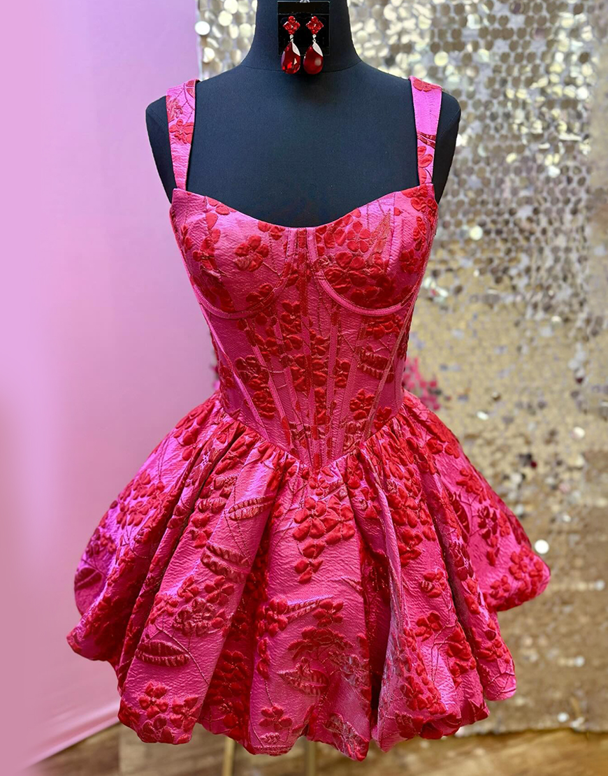Fuchsia Floral A Line Ruched Short Corset Homecoming Dress