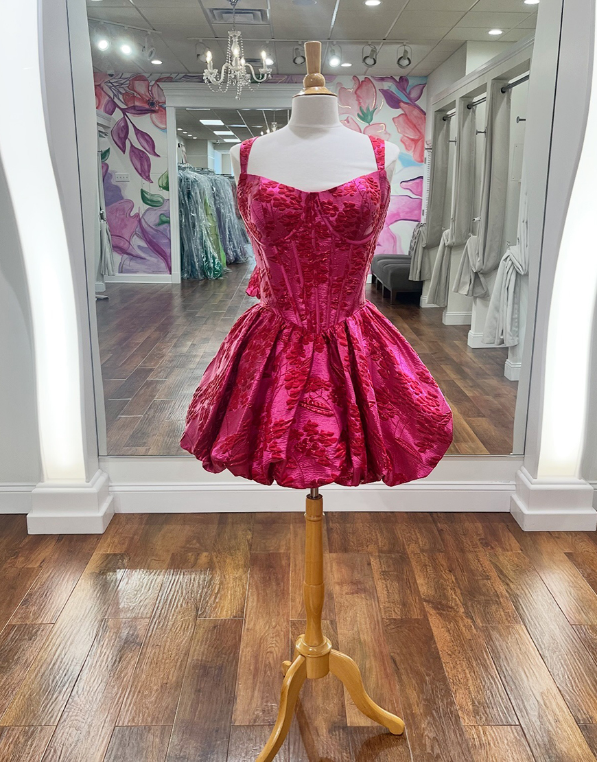 Fuchsia Floral A Line Ruched Short Corset Homecoming Dress