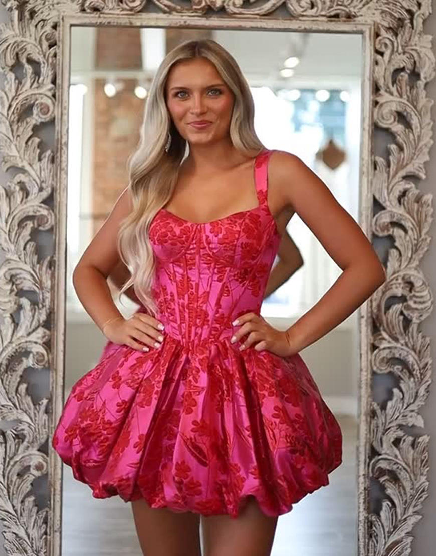 Fuchsia Floral A Line Off the Shoulder Short Corset Homecoming Dress