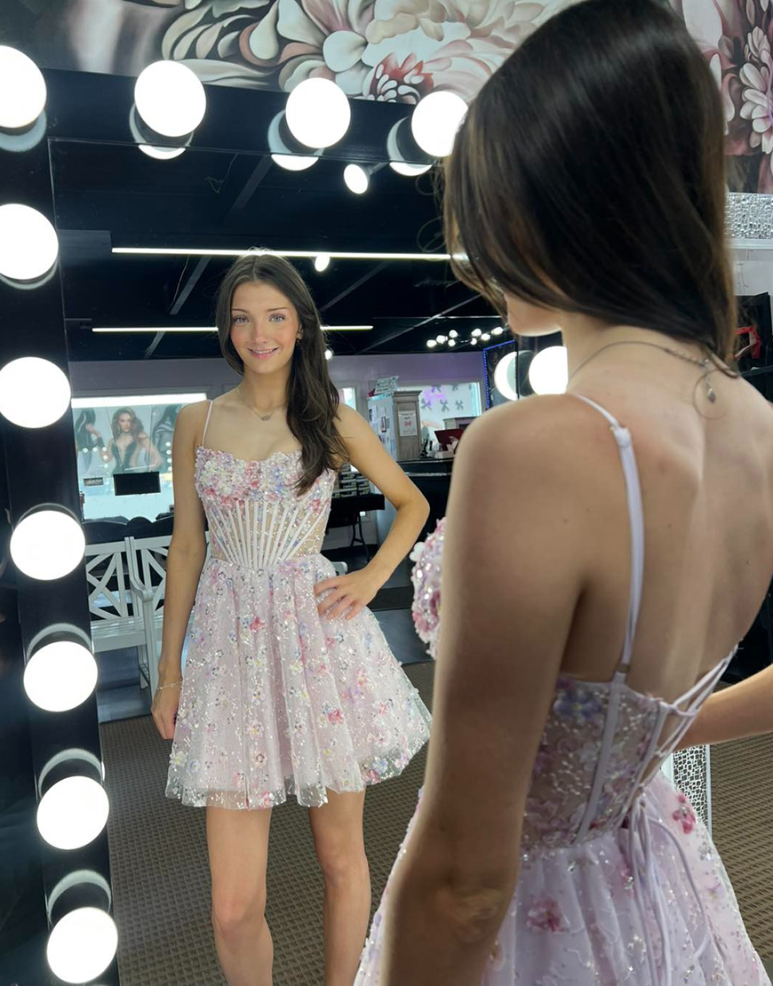 Sparkly Pink Floral A Line Tulle Short Corset Homecoming Dress