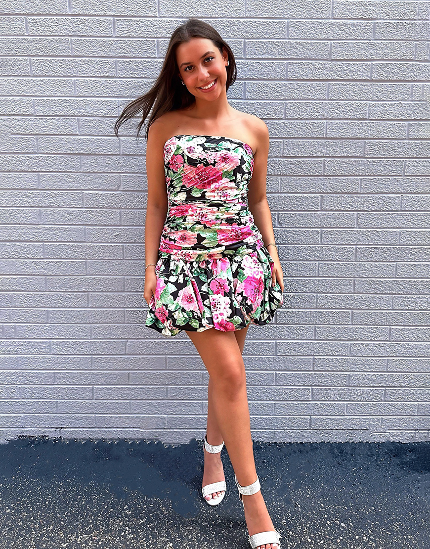 Sparkly Black Red Floral Short A Line Homecoming Dress with Beading
