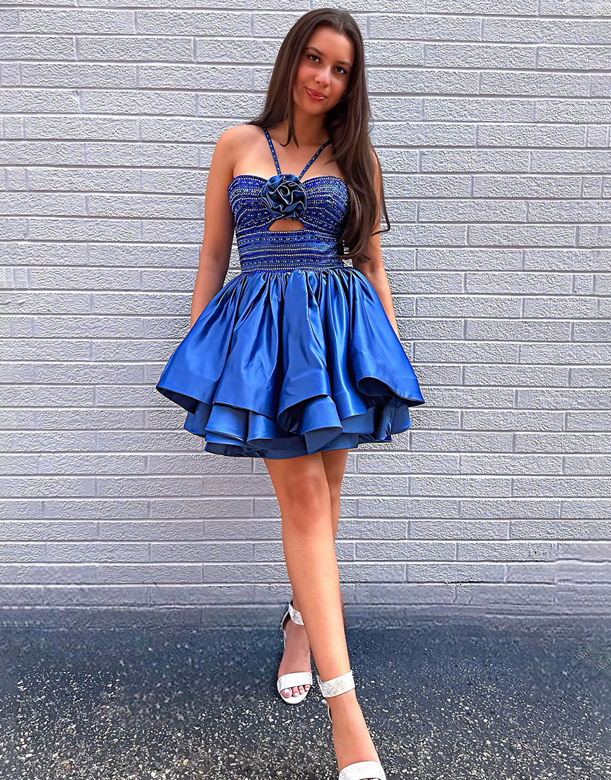 Sparkly Royal Blue Floral Halter Beaded Short Homecoming Dress with Ruffles