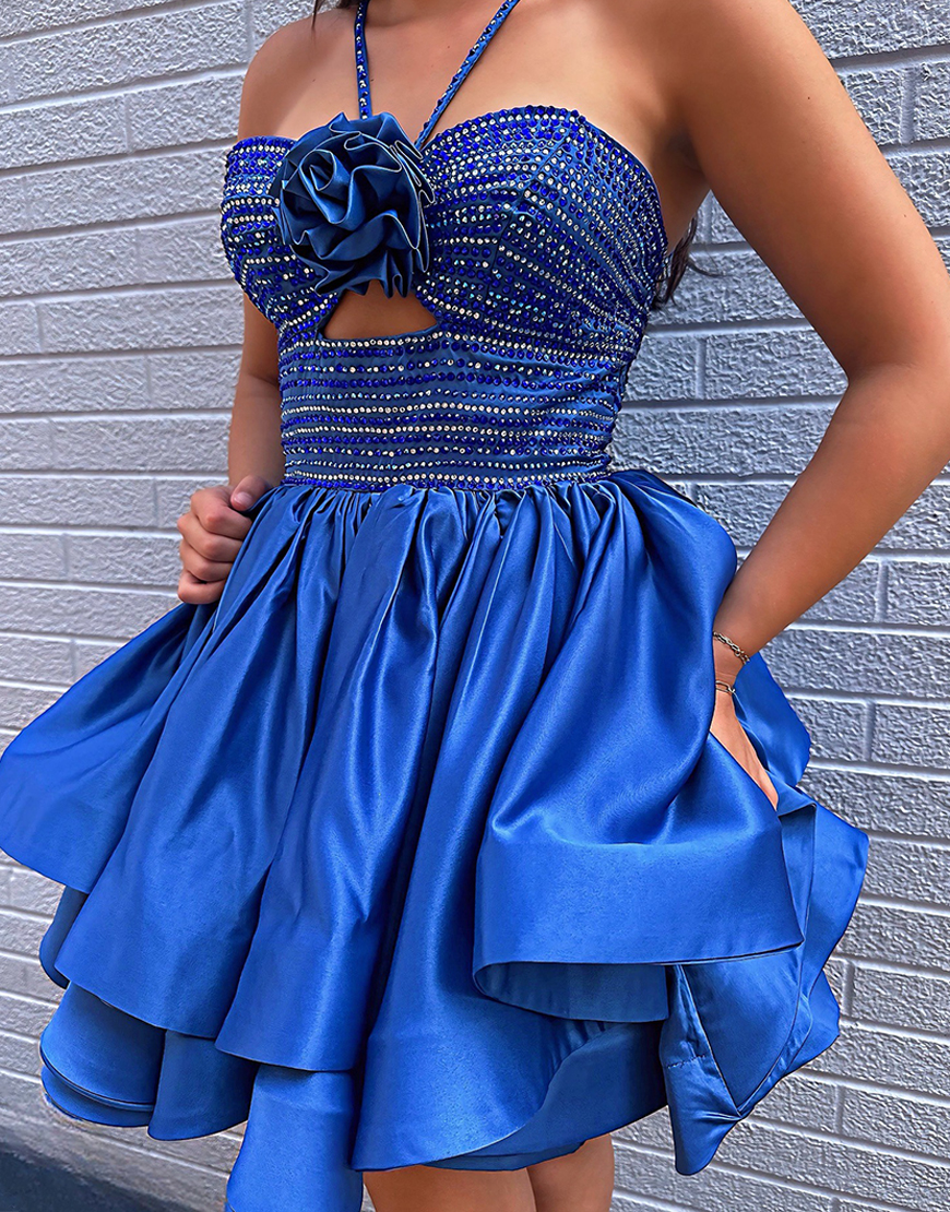 Sparkly Royal Blue Floral Halter Beaded Short Homecoming Dress with Ruffles