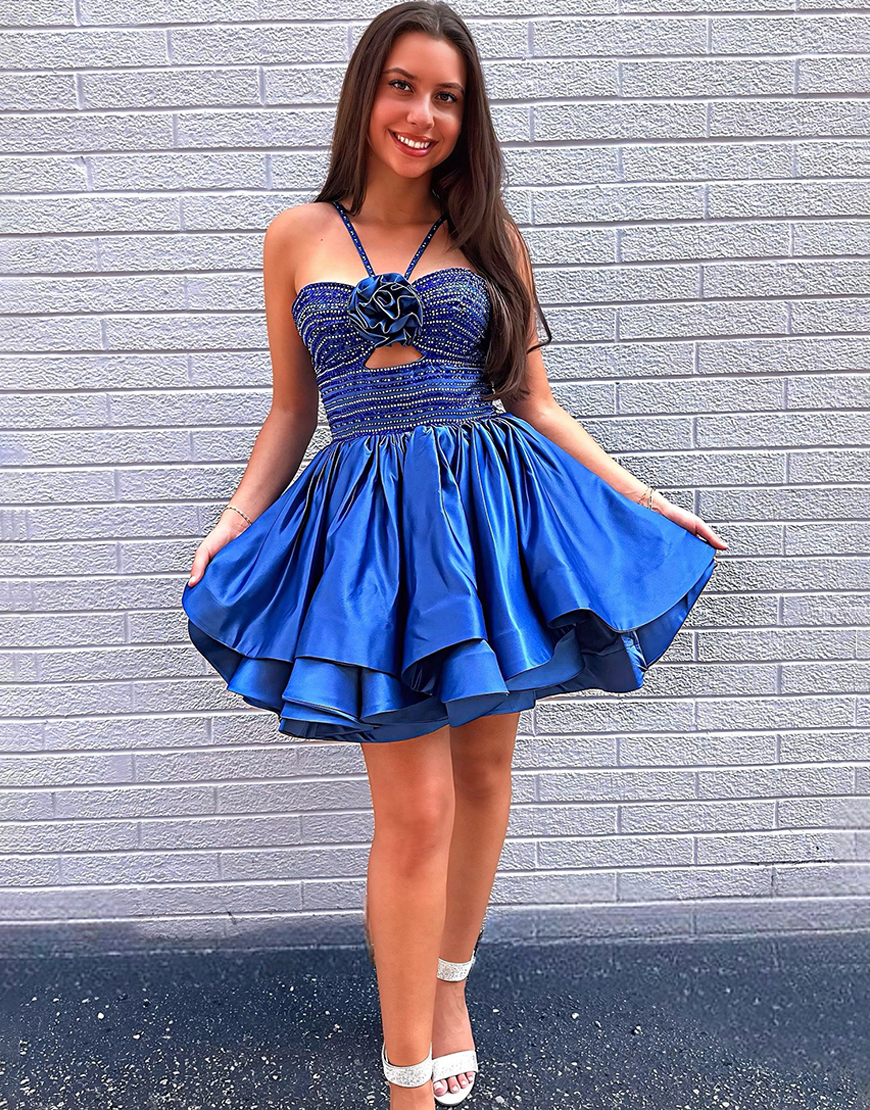 Sparkly Royal Blue Floral Halter Beaded Short Homecoming Dress with Ruffles