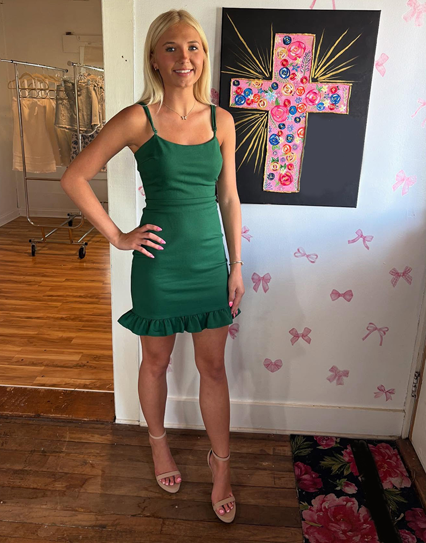 Simple Dark Green Tight Short Satin Homecoming Dress with Ruffles