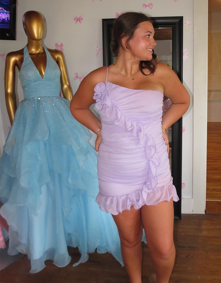 Lilac Tight One Shoulder Short Homecoming Dress with Ruffles
