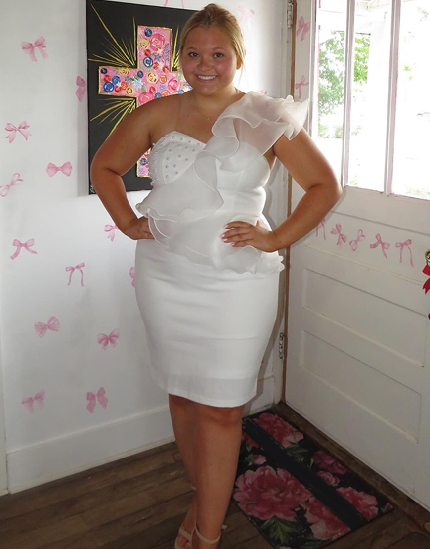 Sparkly White One Shoulder Satin Short Homecoming Dress with Ruffles