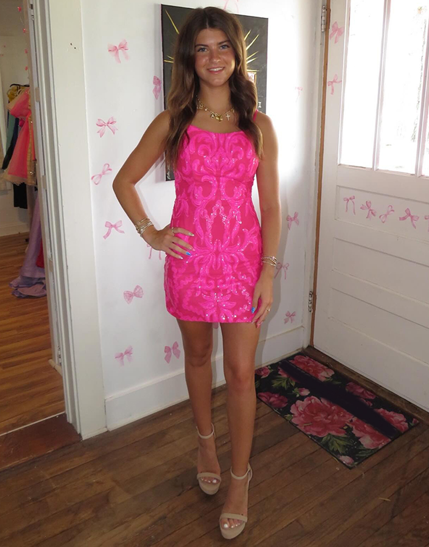 Sparkly Fuchsia Short Sequin Tight Homecoming Dress