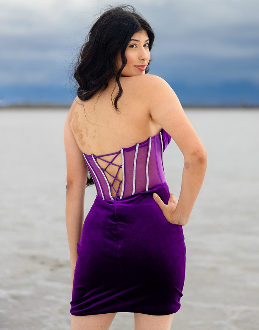 Sparkly Dark Purple Velvet Short Corset Homecoming Dress with Beading