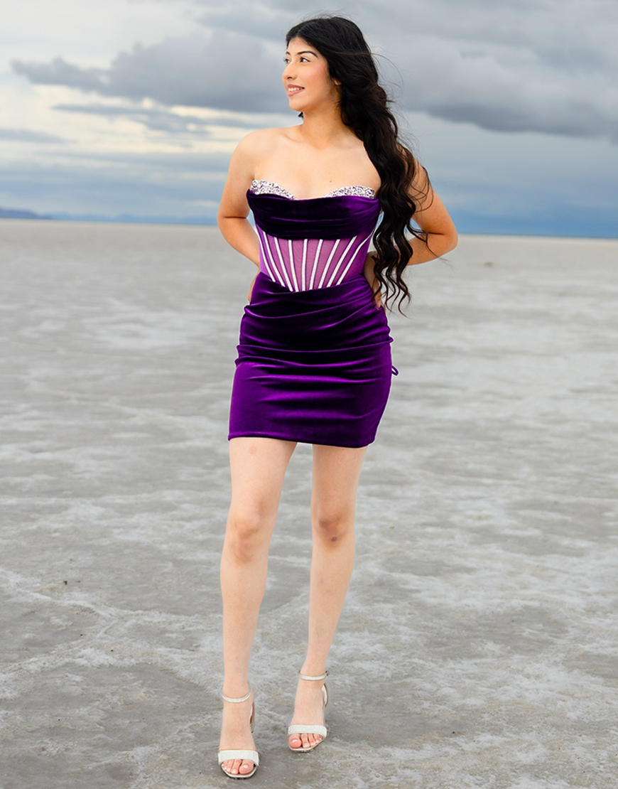 Sparkly Dark Purple Velvet Short Corset Homecoming Dress with Beading