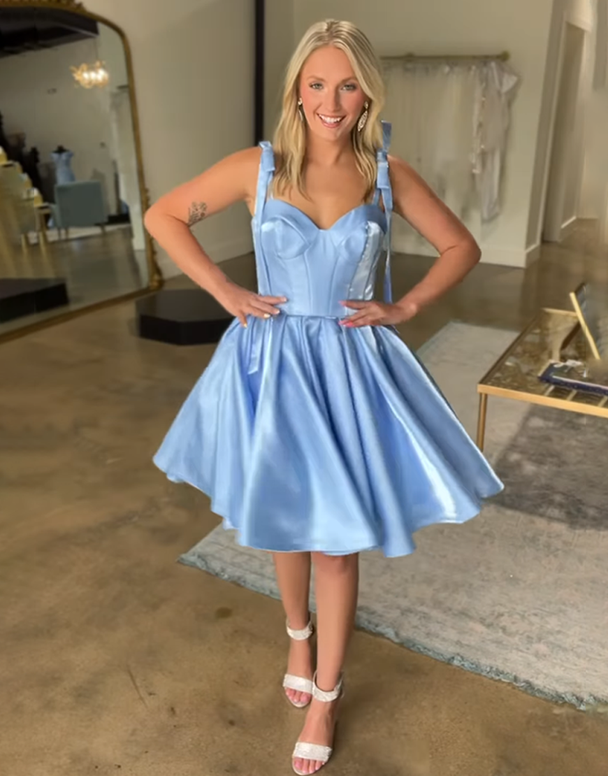 Blue Satin A Line Short Corset Homecoming Dress with Bows
