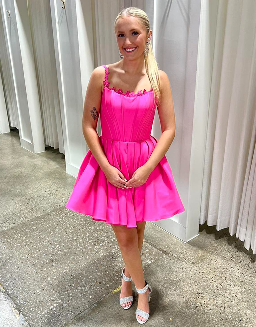 Fuchsia Satin A Line Short Corset Homecoming Dress with Lace
