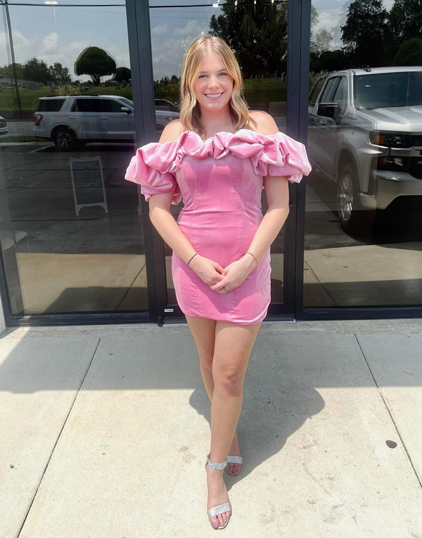 Pink Tight Off the Shoulder Short Corset Homecoming Dress with Ruffles