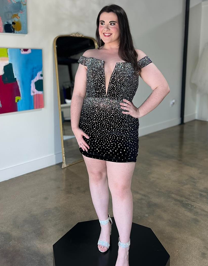 Sparkly Black Tight Off the Shoulder Short Homecoming Dress with Beading