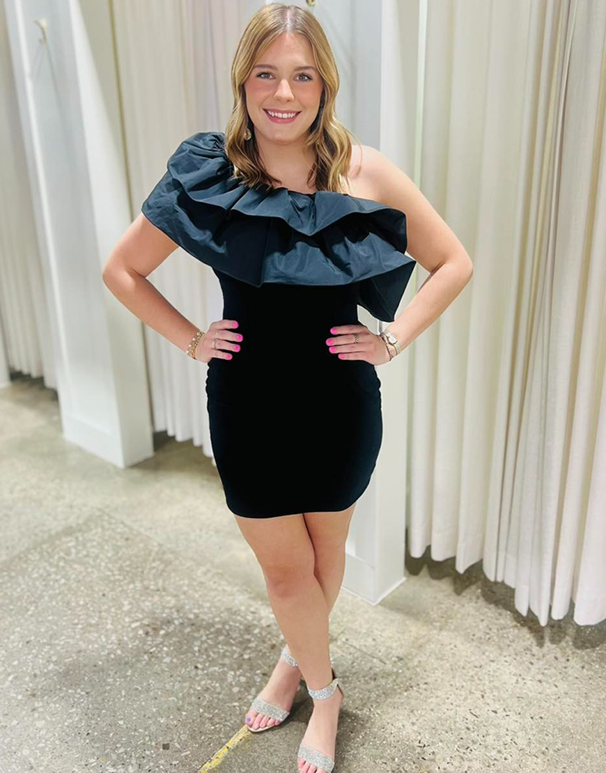 Black Short One Shoulder Tight Ruffled Homecoming Dress