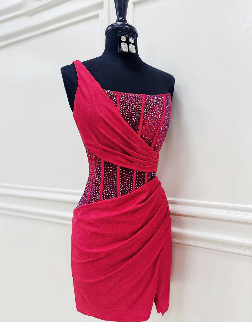 Sparkly Fuchsia Beaded Satin Short Corset Homecoming Dress with Slit