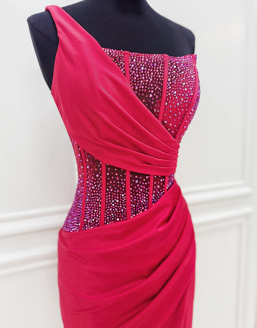 Sparkly Fuchsia Beaded Satin Short Corset Homecoming Dress with Slit
