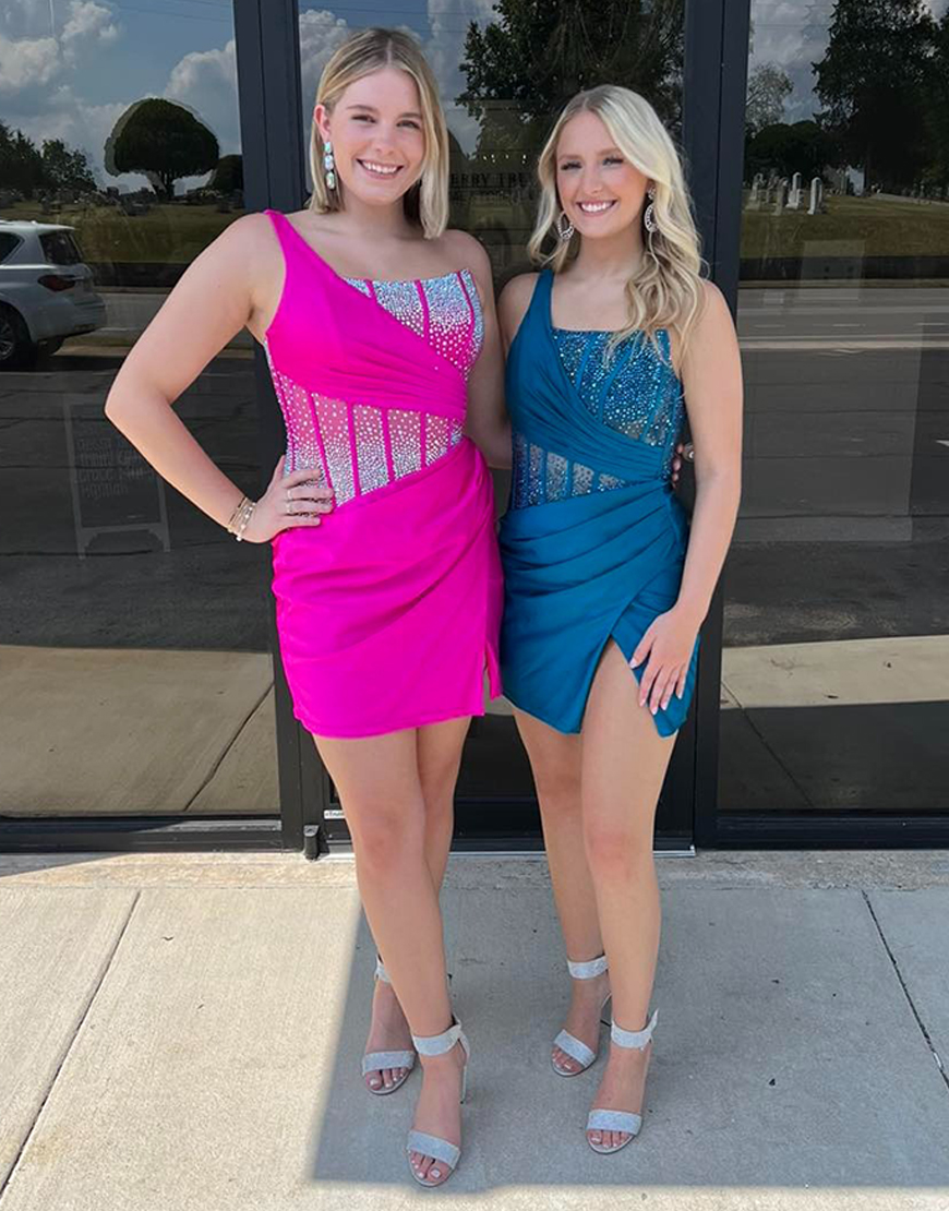 Sparkly Fuchsia Beaded Satin Short Corset Homecoming Dress with Slit