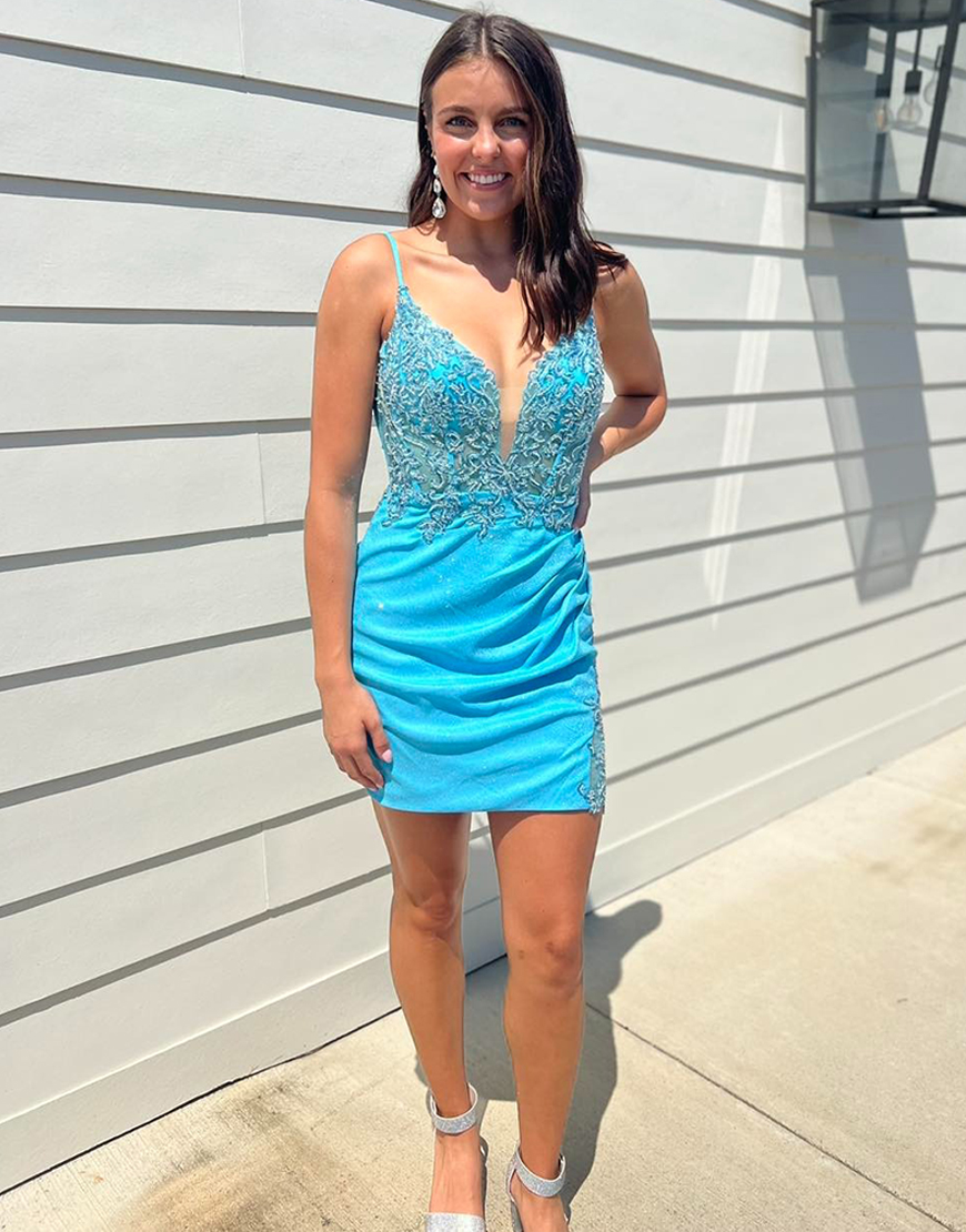 Turquoise Tight Satin Short Corset Homecoming Dress with Lace
