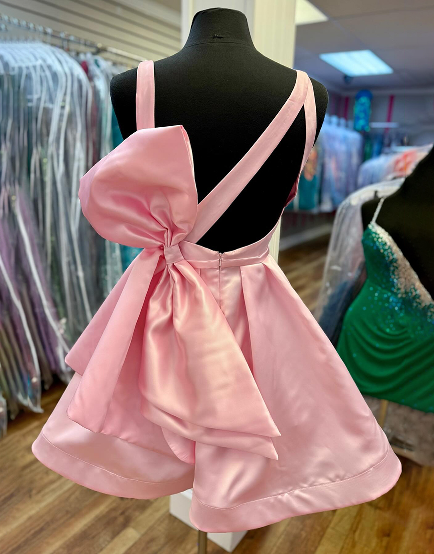 Simple Pink V-Neck A Line Satin Short Corset Homecoming Dress