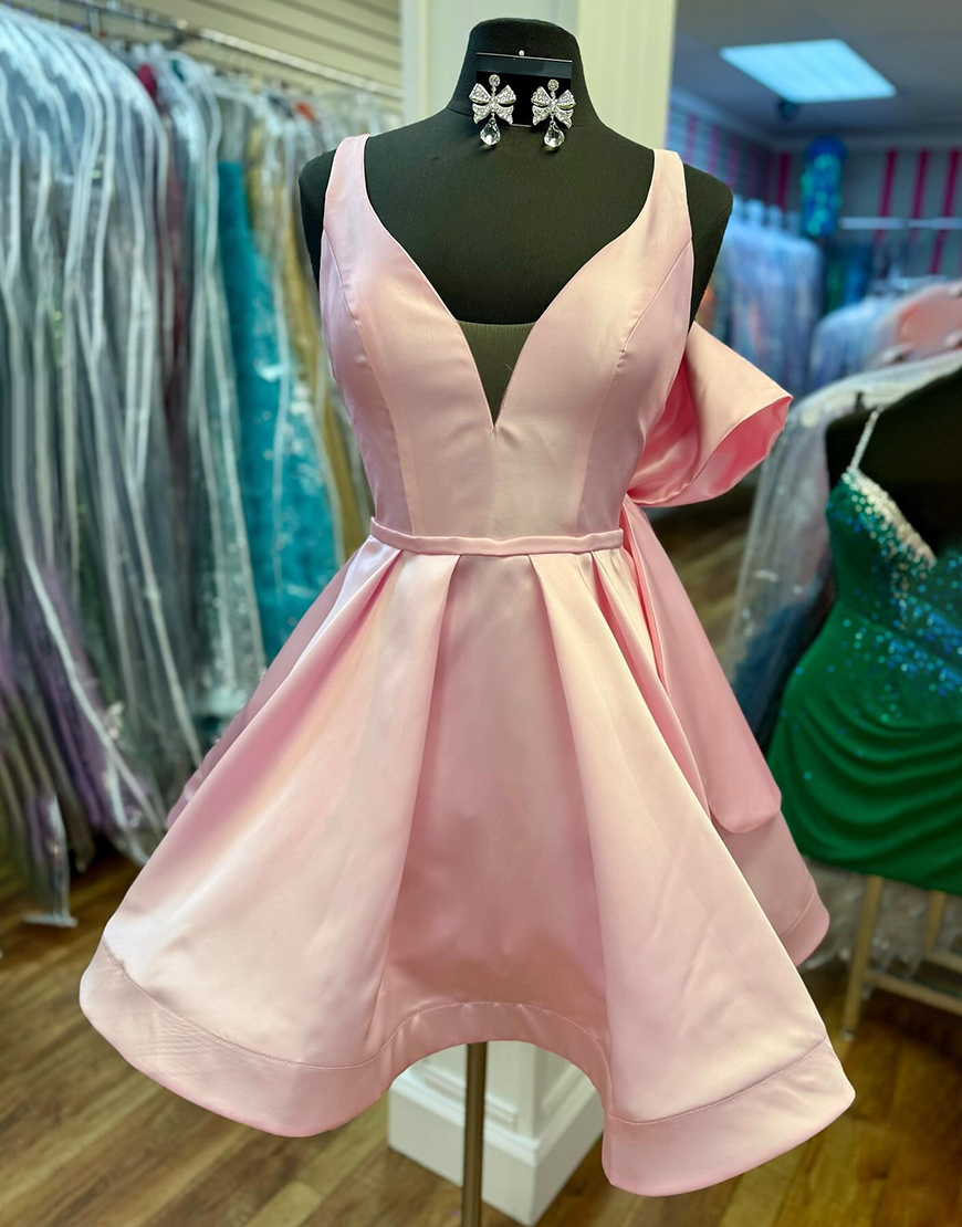 Simple Pink V-Neck A Line Satin Short Corset Homecoming Dress