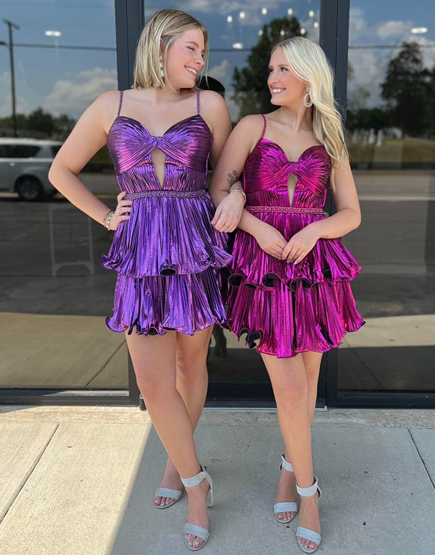 Sparkly Purple Metallic A Line Pleated Short Homecoming Dress with Ruffles