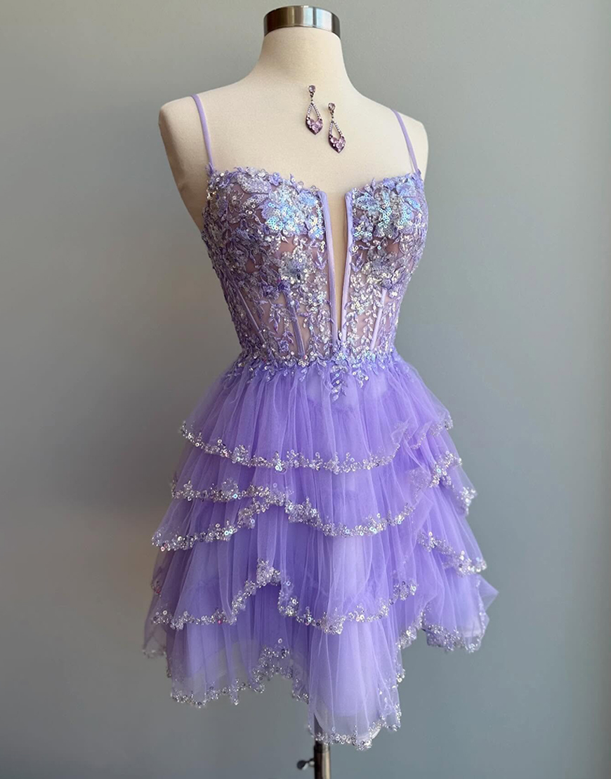 Sparkly Lilac Tulle Floral Short Corset Homecoming Dress with Sequins