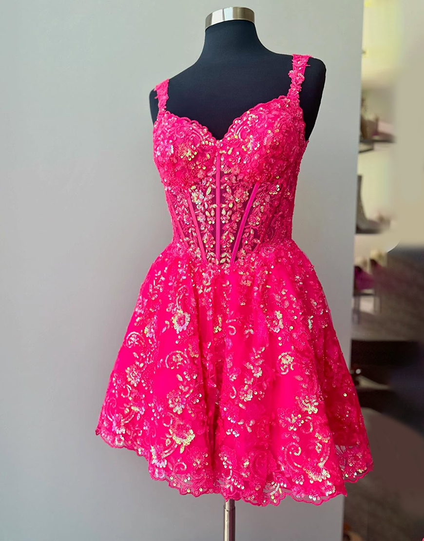 Sparkly Fuchsia Floral Sequins A Line Short Corset Homecoming Dress