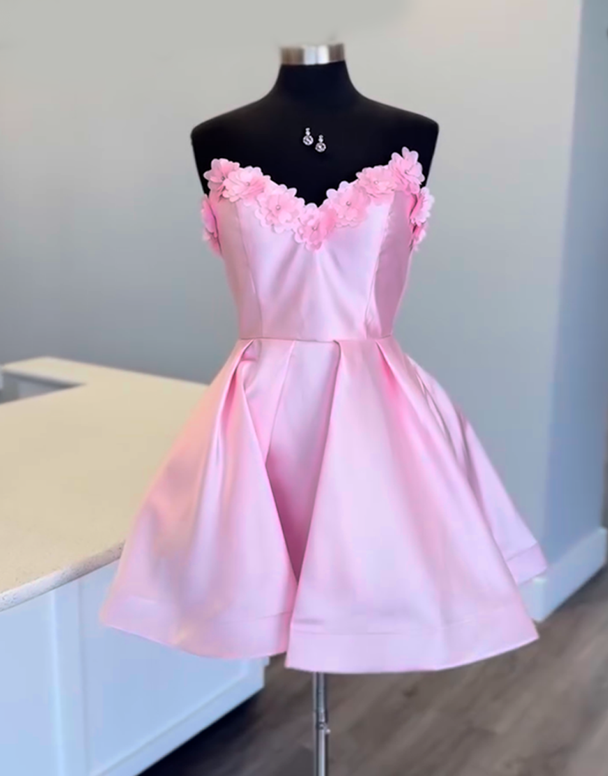 Pink A Line Floral Satin Sweetheart Short Homecoming Dress
