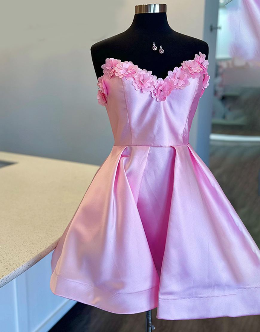 Pink A Line Floral Satin Sweetheart Short Homecoming Dress