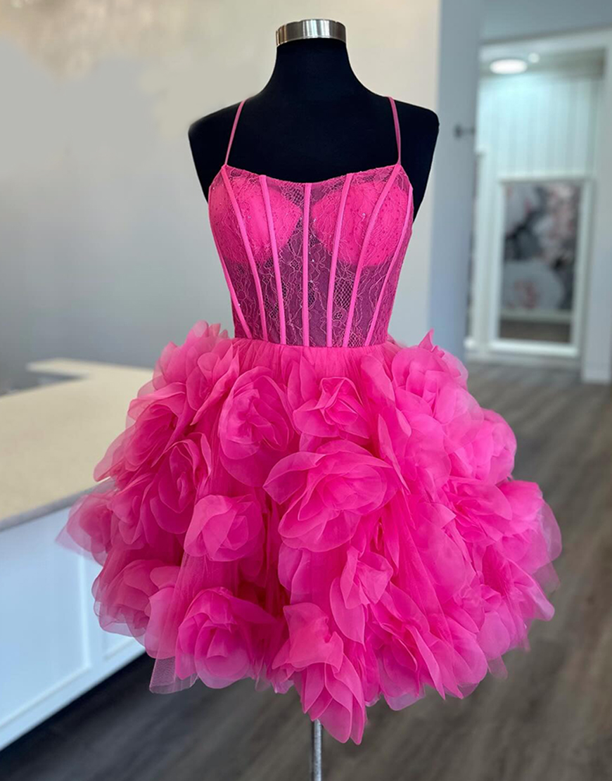 Fuchsia Floral A Line Tulle Short Corset Homecoming Dress with Ruffles