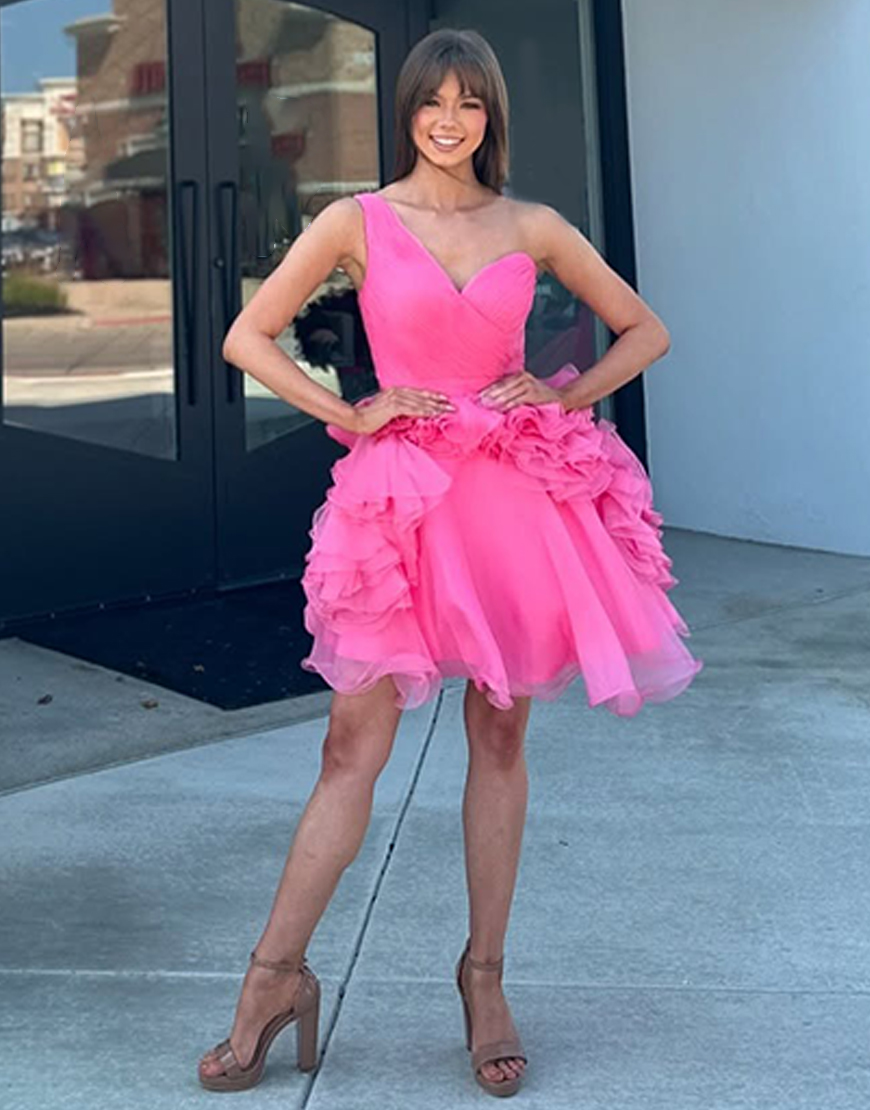 Pink One Shoulder Tulle Ruffled Short Homecoming Dress