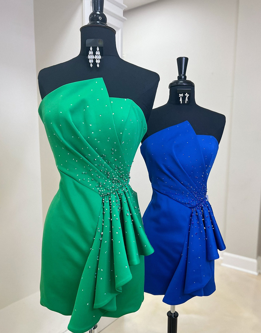 Sparkly Royal Blue Ruffled Satin Short Homecoming Dress with Beading