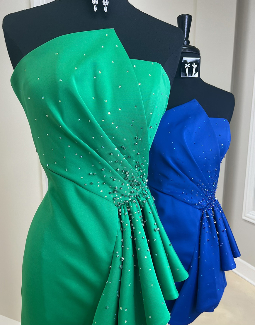 Sparkly Royal Blue Ruffled Satin Short Homecoming Dress with Beading