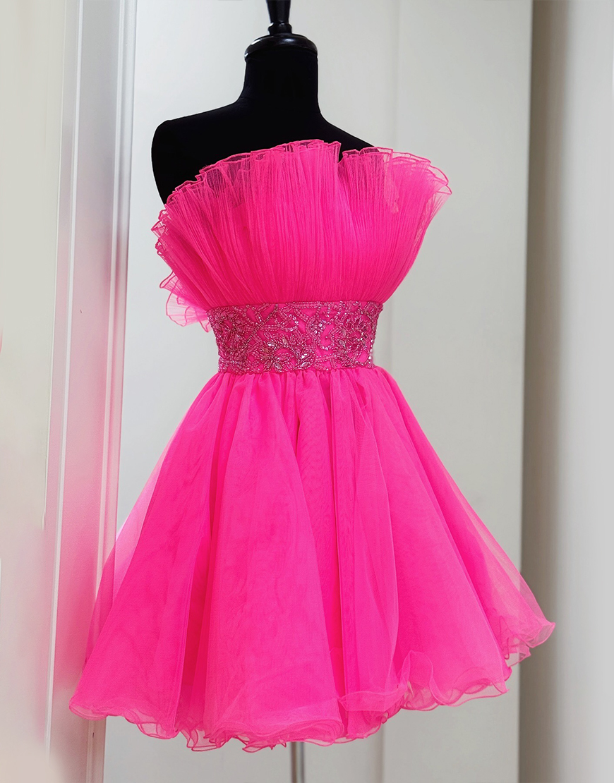 Sparkly Fuchsia Beaded A Line Strapless Short Homecoming Dress