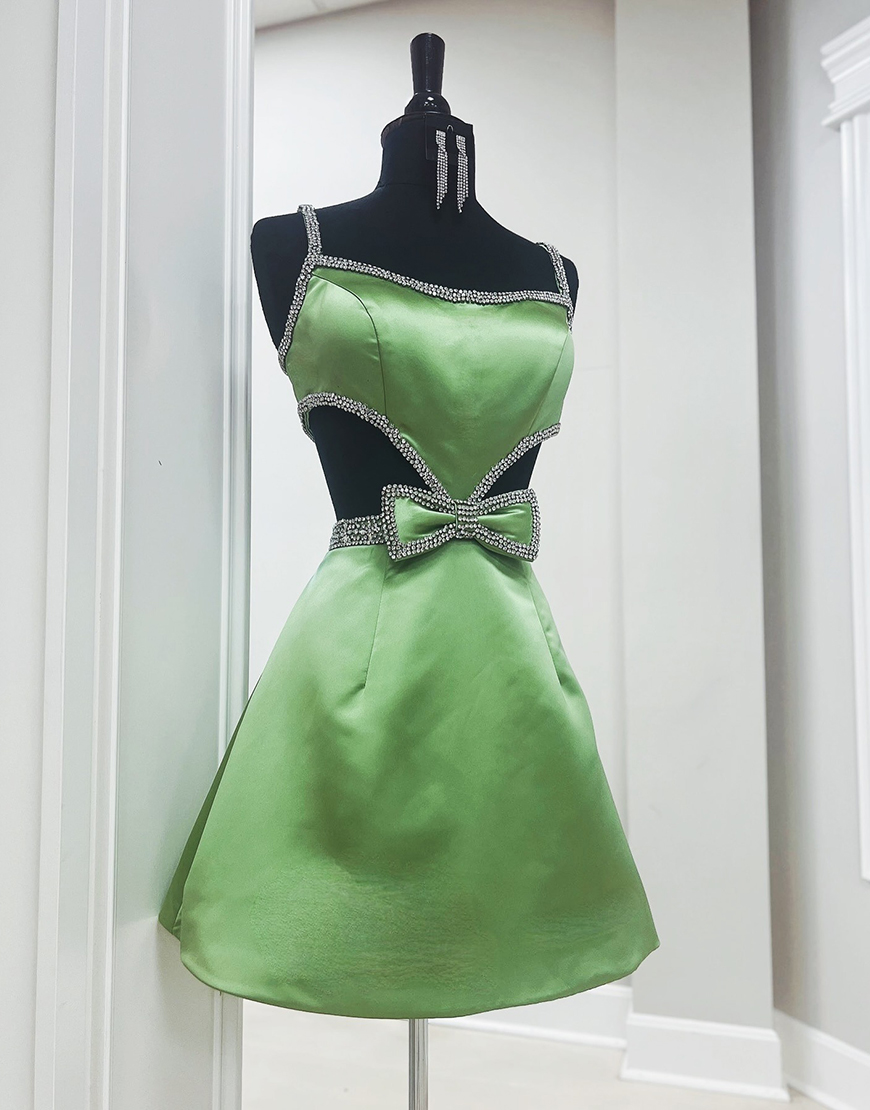 Sparkly Olive Satin Cut Out Short Beaded Homecoming Dress with Bow