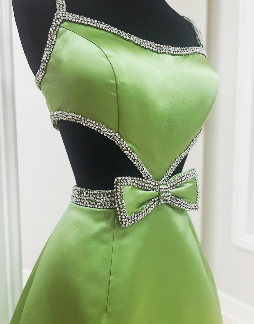 Sparkly Olive Satin Cut Out Short Beaded Homecoming Dress with Bow
