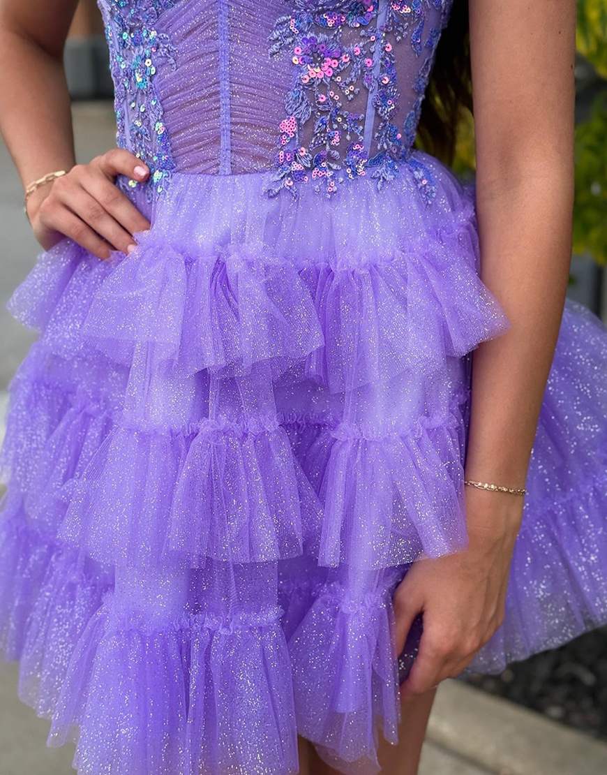 Glitter Lavender Tulle Ruffled Short Corset Homecoming Dress with Sequins