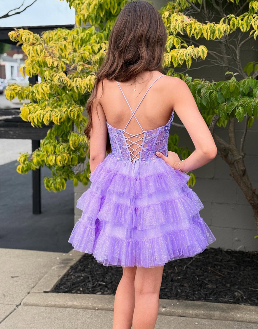 Glitter Lavender Tulle Ruffled Short Corset Homecoming Dress with Sequins