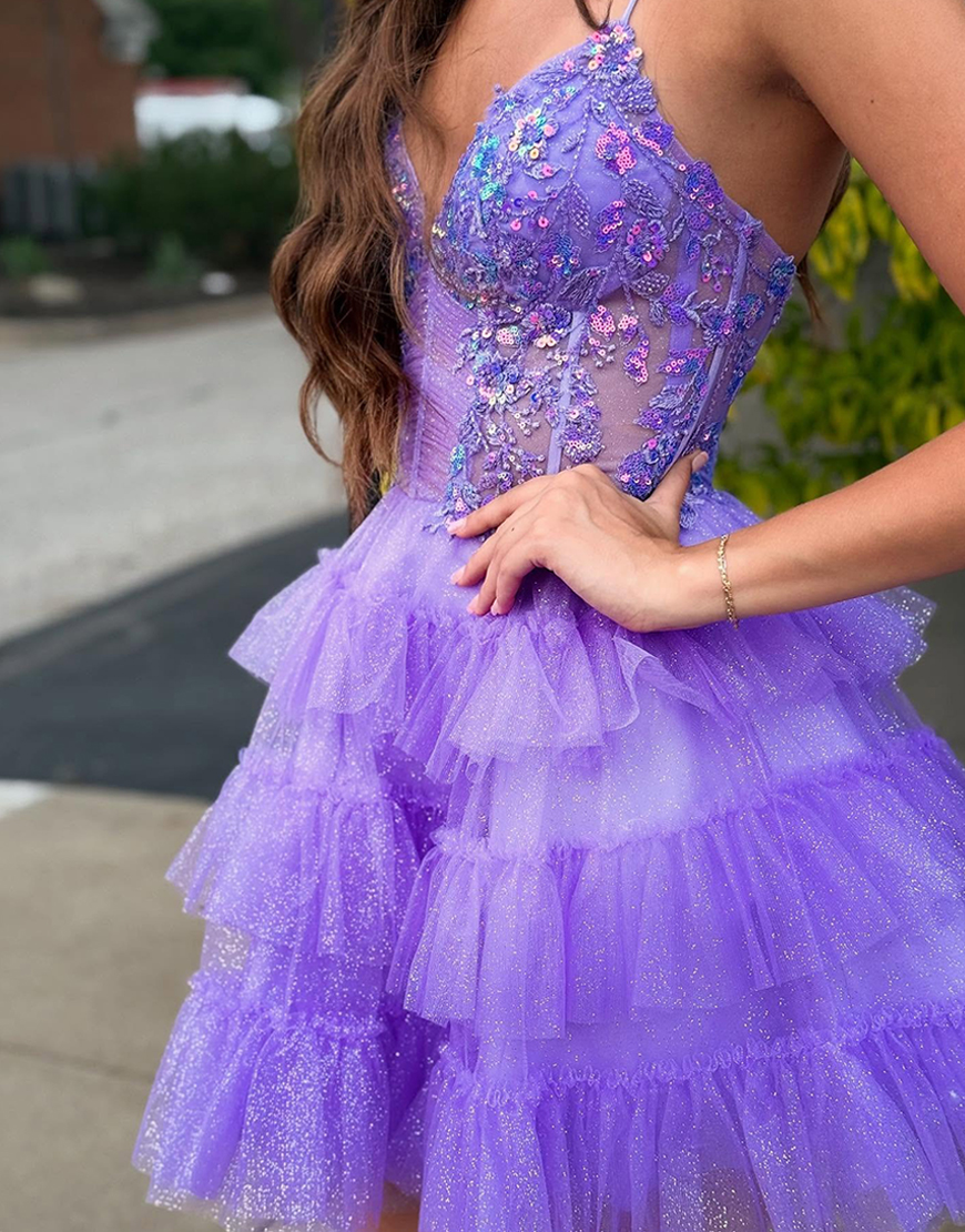 Glitter Lavender Tulle Ruffled Short Corset Homecoming Dress with Sequins