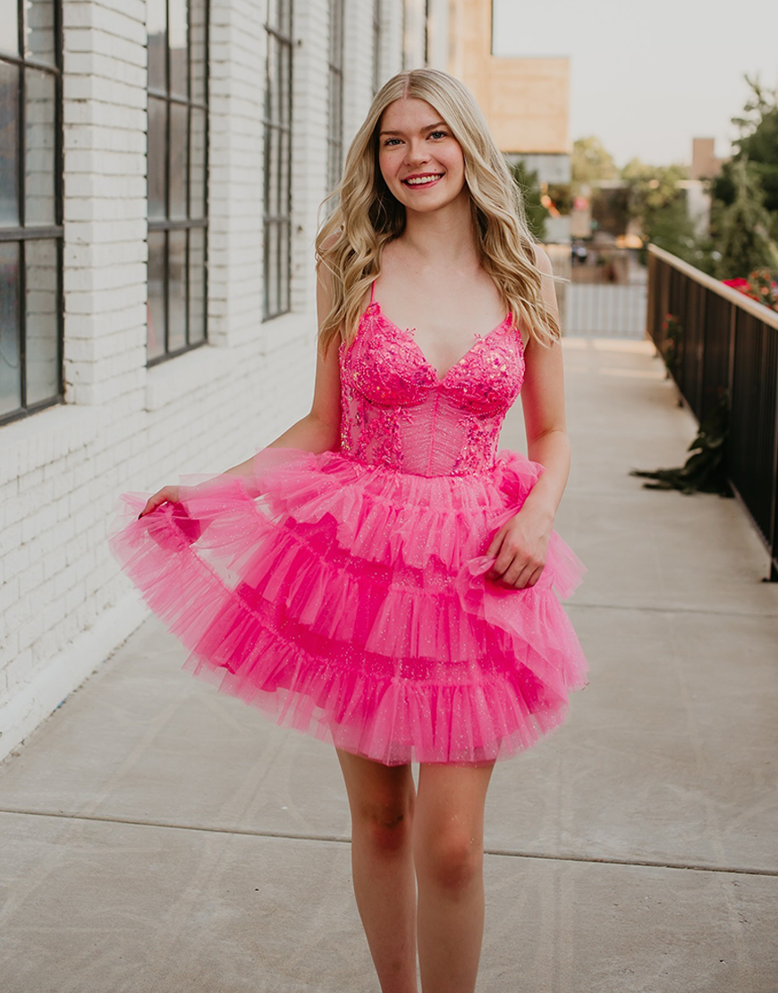 Glitter Lavender Tulle Ruffled Short Corset Homecoming Dress with Sequins