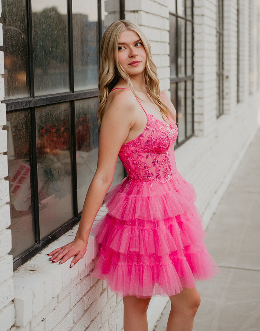 Glitter Lavender Tulle Ruffled Short Corset Homecoming Dress with Sequins