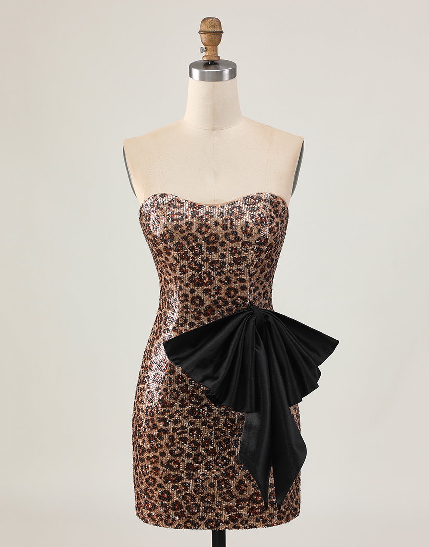 Sparkly Brown Leopard Sequin Short Bodycon Homecoming Dress with Bow
